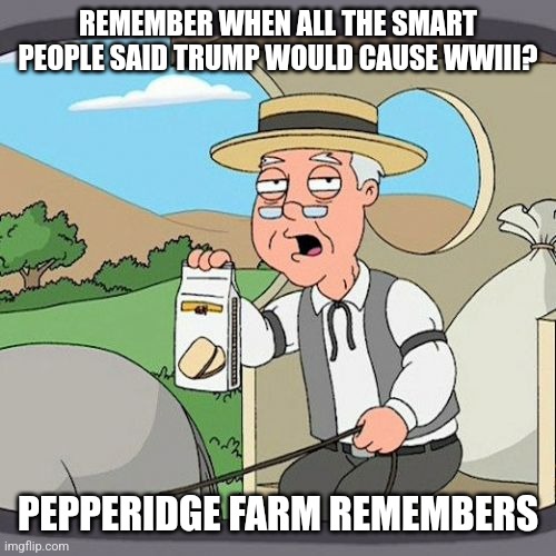 Pepperidge Farm Remembers Meme | REMEMBER WHEN ALL THE SMART PEOPLE SAID TRUMP WOULD CAUSE WWIII? PEPPERIDGE FARM REMEMBERS | image tagged in memes,pepperidge farm remembers | made w/ Imgflip meme maker