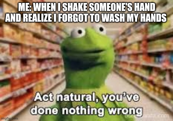 I forgot to wash my hands | ME: WHEN I SHAKE SOMEONE'S HAND AND REALIZE I FORGOT TO WASH MY HANDS | image tagged in act natural you've done nothing wrong,jpfan102504,relatable | made w/ Imgflip meme maker