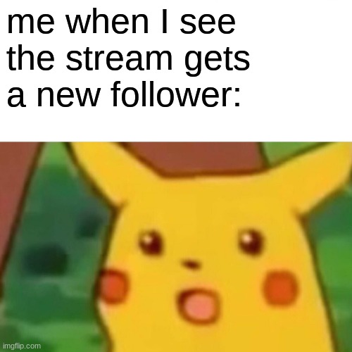 Surprised Pikachu Meme | me when I see the stream gets a new follower: | image tagged in memes,surprised pikachu | made w/ Imgflip meme maker