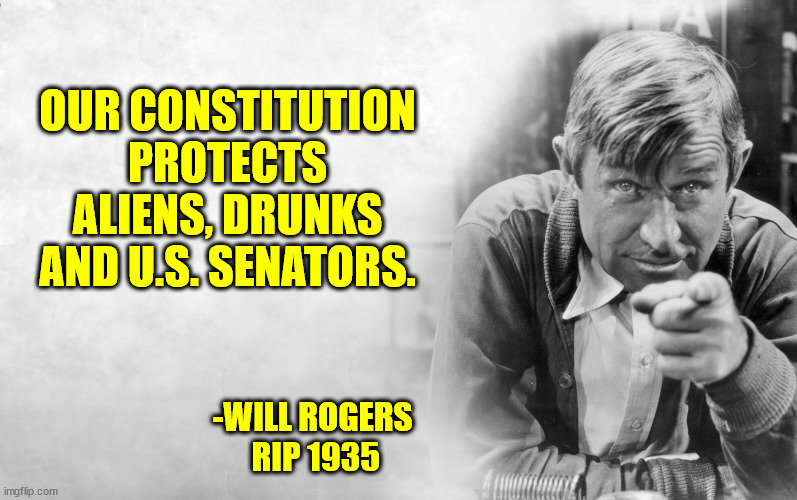 Will Rogers | OUR CONSTITUTION PROTECTS ALIENS, DRUNKS AND U.S. SENATORS. -WILL ROGERS  RIP 1935 | image tagged in will rogers | made w/ Imgflip meme maker