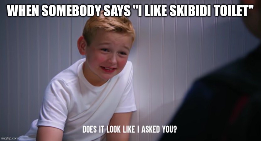 mikey does it look like I asked you | WHEN SOMEBODY SAYS "I LIKE SKIBIDI TOILET" | image tagged in mikey does it look like i asked you | made w/ Imgflip meme maker