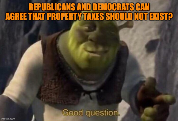 Shrek good question | REPUBLICANS AND DEMOCRATS CAN AGREE THAT PROPERTY TAXES SHOULD NOT EXIST? | image tagged in shrek good question,funny memes | made w/ Imgflip meme maker