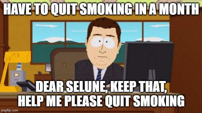 thomas kloser tom kloser | HAVE TO QUIT SMOKING IN A MONTH; DEAR SELUNE, KEEP THAT, HELP ME PLEASE QUIT SMOKING | image tagged in memes,aaaaand its gone | made w/ Imgflip meme maker