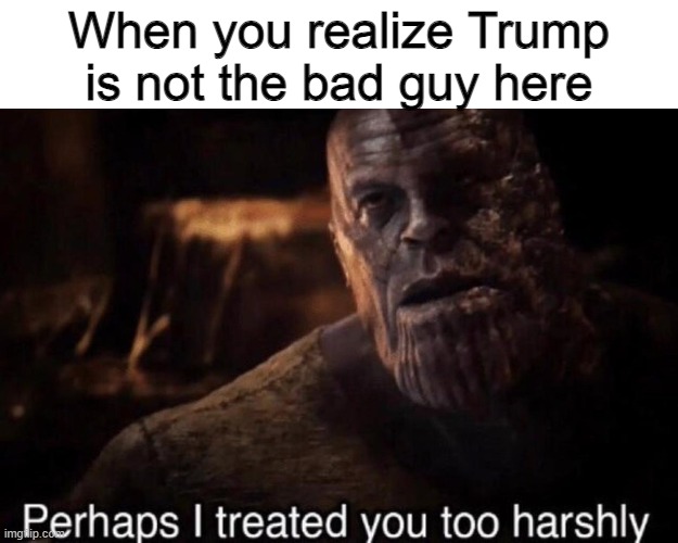 Perhaps I treated you too harshly | When you realize Trump is not the bad guy here | image tagged in perhaps i treated you too harshly,memes,funny,trump,politics | made w/ Imgflip meme maker