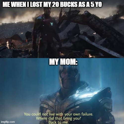 Thanos you could not live with your own failure | ME WHEN I LOST MY 20 BUCKS AS A 5 YO; MY MOM: | image tagged in thanos you could not live with your own failure | made w/ Imgflip meme maker
