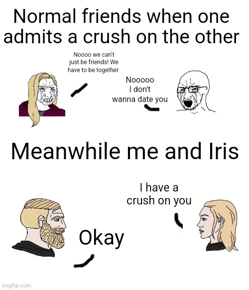 Basically what happened | Normal friends when one admits a crush on the other; Noooo we can't just be friends! We have to be together; Nooooo I don't wanna date you; Meanwhile me and Iris; I have a crush on you; Okay | made w/ Imgflip meme maker