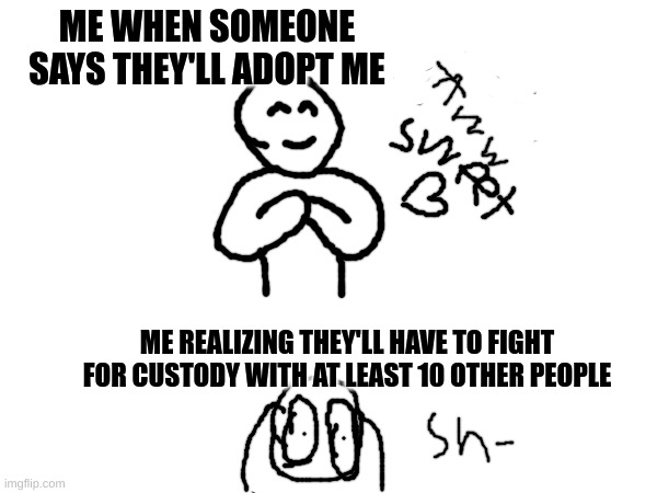 Custody agreements go brrrr | ME WHEN SOMEONE SAYS THEY'LL ADOPT ME; ME REALIZING THEY'LL HAVE TO FIGHT FOR CUSTODY WITH AT LEAST 10 OTHER PEOPLE | image tagged in adoption,uh oh | made w/ Imgflip meme maker