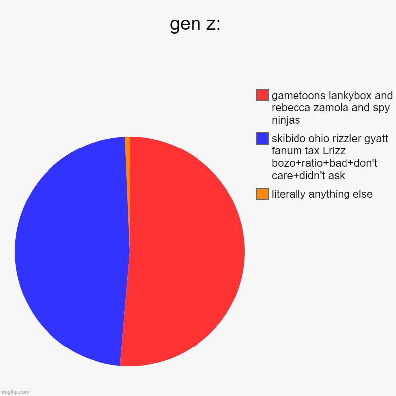 gen z: | literally anything else, skibido ohio rizzler gyatt fanum tax Lrizz bozo+ratio+bad+don't care+didn't ask, gametoons lankybox and re | image tagged in charts,pie charts | made w/ Imgflip chart maker