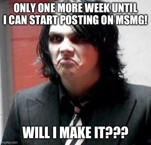 AAAAAA I AM NO LONGER A NEWBIE!! (again) | ONLY ONE MORE WEEK UNTIL I CAN START POSTING ON MSMG! WILL I MAKE IT??? | image tagged in gerard way,fmnekdndkd,snehehe | made w/ Imgflip meme maker