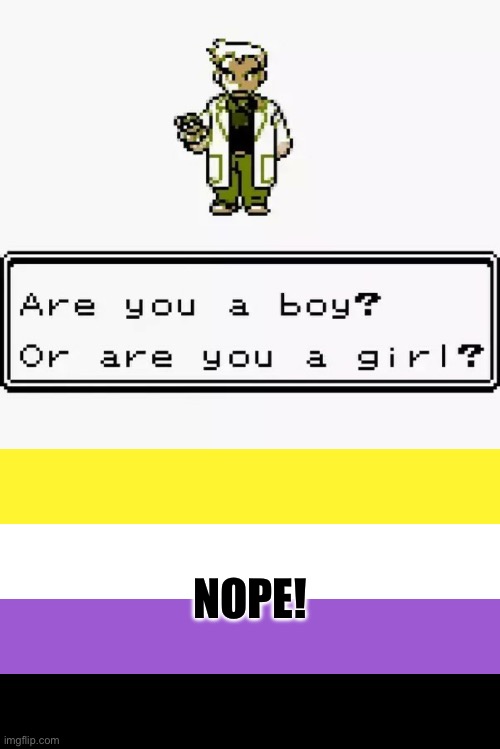 Nonbinary Pokémon trainer | NOPE! | image tagged in prof oak are you a boy or a girl,nonbinary,lgbtq,enby,pokemon,professor oak | made w/ Imgflip meme maker