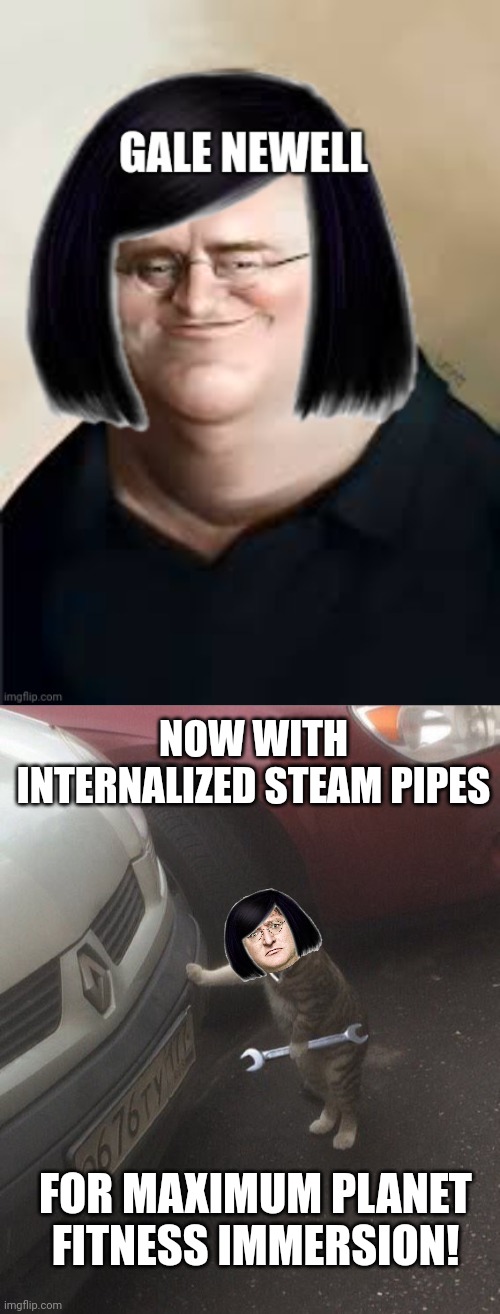 NOW WITH INTERNALIZED STEAM PIPES; FOR MAXIMUM PLANET FITNESS IMMERSION! | image tagged in mechanic cat | made w/ Imgflip meme maker