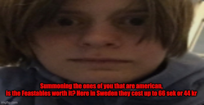 DarthSwede silly serious face | Summoning the ones of you that are american,
is the Feastables worth it? Here in Sweden they cost up to 66 sek or 44 kr | image tagged in darthswede silly serious face | made w/ Imgflip meme maker