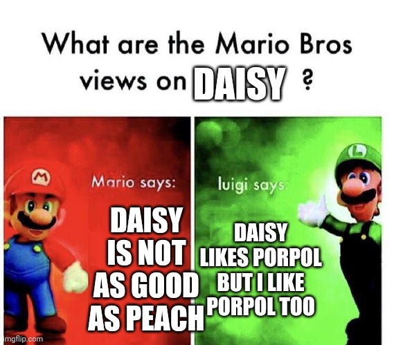 Mario Bros Views | DAISY; DAISY IS NOT AS GOOD AS PEACH; DAISY LIKES PORPOL BUT I LIKE PORPOL TOO | image tagged in mario bros views | made w/ Imgflip meme maker