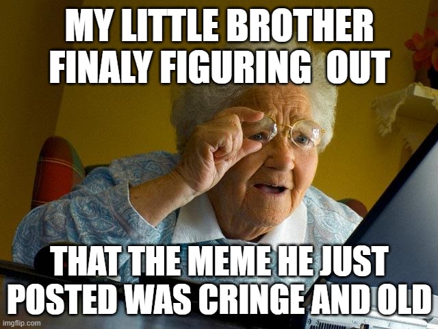My little brother when he makes memes | MY LITTLE BROTHER FINALY FIGURING  OUT; THAT THE MEME HE JUST POSTED WAS CRINGE AND OLD | image tagged in memes,grandma finds the internet | made w/ Imgflip meme maker