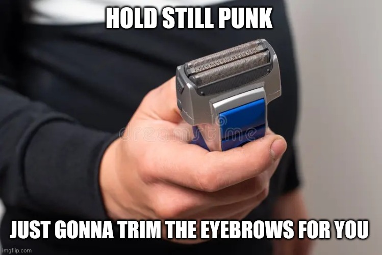 Razor | HOLD STILL PUNK JUST GONNA TRIM THE EYEBROWS FOR YOU | image tagged in razor | made w/ Imgflip meme maker