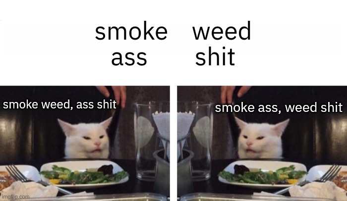 Cat looking at cat | smoke    weed
ass        shit; smoke weed, ass shit; smoke ass, weed shit | image tagged in cat looking at cat | made w/ Imgflip meme maker