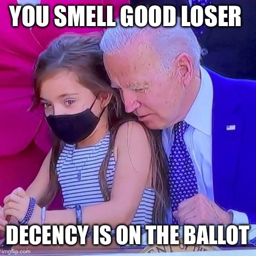 Joe Biden sniffing kid | YOU SMELL GOOD LOSER DECENCY IS ON THE BALLOT | image tagged in joe biden sniffing kid | made w/ Imgflip meme maker