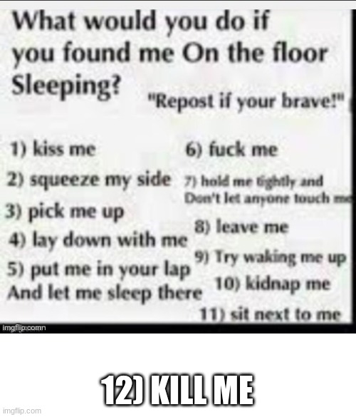 Me personally if i found myself on teh floor sleeping I would choose 12 | 12) KILL ME | image tagged in sleeping on floor | made w/ Imgflip meme maker