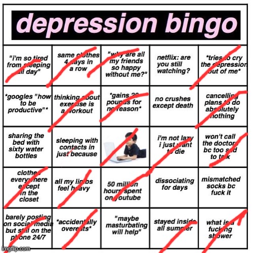 not direct five but i’d count it, what do i win | image tagged in depression bingo | made w/ Imgflip meme maker