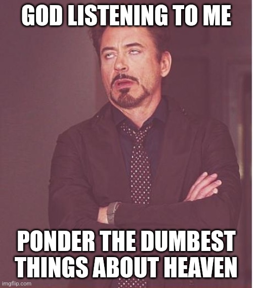 such as "will i see my pets in heaven?" | GOD LISTENING TO ME; PONDER THE DUMBEST THINGS ABOUT HEAVEN | image tagged in memes,face you make robert downey jr,christianity | made w/ Imgflip meme maker