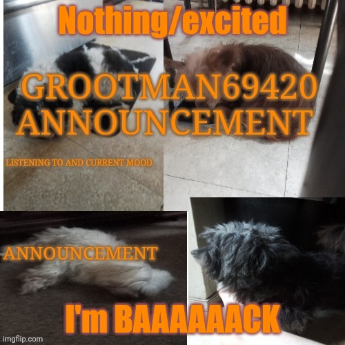 IM BAAA | Nothing/excited; I'm BAAAAAACK | image tagged in grootman69420 announcement template 2023 july | made w/ Imgflip meme maker