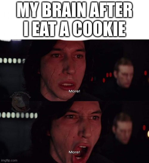 First time posting a meme on Sunday  wj0r agrij[0 aerw0 | MY BRAIN AFTER I EAT A COOKIE | image tagged in kylo ren more,memes,addiction | made w/ Imgflip meme maker