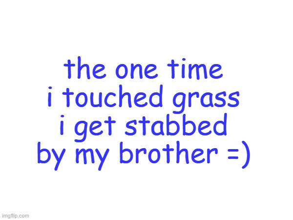 =) | the one time i touched grass i get stabbed by my brother =) | made w/ Imgflip meme maker