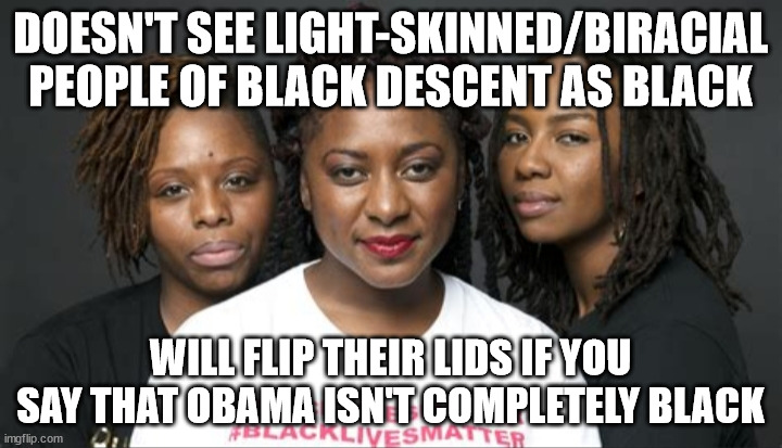 BLM Marxists Leaders | DOESN'T SEE LIGHT-SKINNED/BIRACIAL PEOPLE OF BLACK DESCENT AS BLACK; WILL FLIP THEIR LIDS IF YOU SAY THAT OBAMA ISN'T COMPLETELY BLACK | image tagged in blm marxists leaders | made w/ Imgflip meme maker