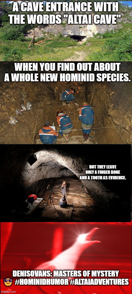 anthroplogy meme | A CAVE ENTRANCE WITH THE WORDS "ALTAI CAVE"; WHEN YOU FIND OUT ABOUT A WHOLE NEW HOMINID SPECIES. BUT THEY LEAVE ONLY A FINGER BONE AND A TOOTH AS EVIDENCE. DENISOVANS: MASTERS OF MYSTERY 😎 #HOMINIDHUMOR #ALTAIADVENTURES | image tagged in memes,inhaling seagull | made w/ Imgflip meme maker