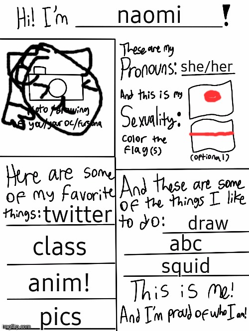 Naomis acc prof! | naomi; she/her; twitter; draw; class; abc; squid; anim! pics | image tagged in lgbtq stream account profile,vtuber,naomis-den | made w/ Imgflip meme maker