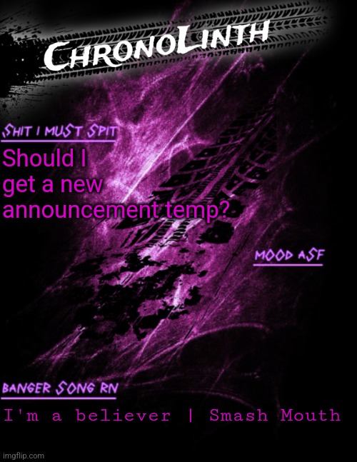 Very original Chronolinth temp | Should I get a new announcement temp? I'm a believer | Smash Mouth | image tagged in very original chronolinth temp | made w/ Imgflip meme maker