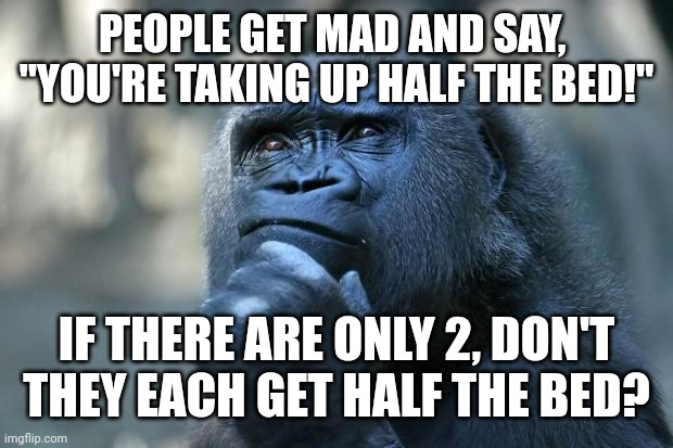 Deep Thoughts | PEOPLE GET MAD AND SAY, 
"YOU'RE TAKING UP HALF THE BED!"; IF THERE ARE ONLY 2, DON'T THEY EACH GET HALF THE BED? | image tagged in deep thoughts | made w/ Imgflip meme maker