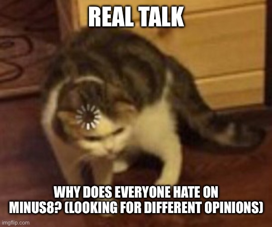 Loading cat | REAL TALK; WHY DOES EVERYONE HATE ON MINUS8? (LOOKING FOR DIFFERENT OPINIONS) | image tagged in loading cat,question,minus8 | made w/ Imgflip meme maker