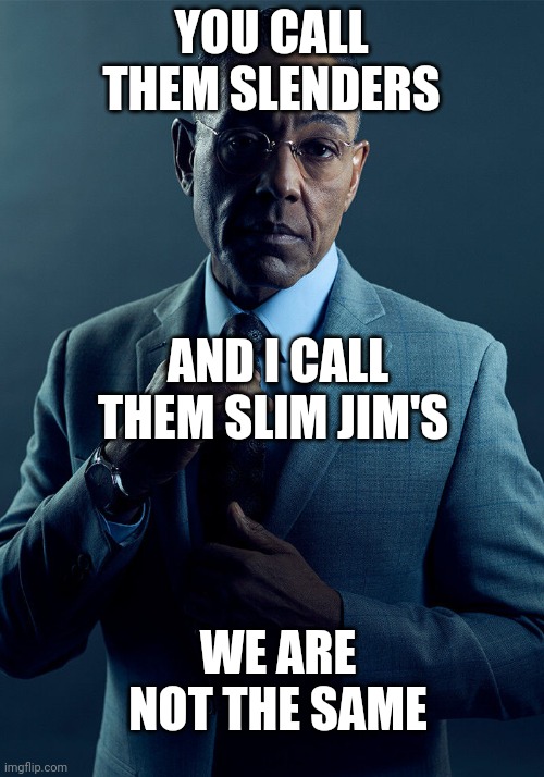 They're not called slenders anymore | YOU CALL THEM SLENDERS; AND I CALL THEM SLIM JIM'S; WE ARE NOT THE SAME | image tagged in gus fring we are not the same | made w/ Imgflip meme maker