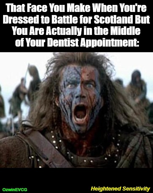 Heightened Sensitivity [NV] | image tagged in time travel,braveheart,ouch,dentist,dress for success,confused | made w/ Imgflip meme maker