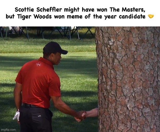 Tiger Woods Handshake | Scottie Scheffler might have won The Masters, but Tiger Woods won meme of the year candidate 🤝 | image tagged in the masters,golf,tiger woods | made w/ Imgflip meme maker