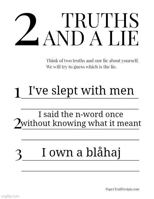 2 Truths and a Lie | I've slept with men; I said the n-word once without knowing what it meant; I own a blåhaj | image tagged in 2 truths and a lie | made w/ Imgflip meme maker