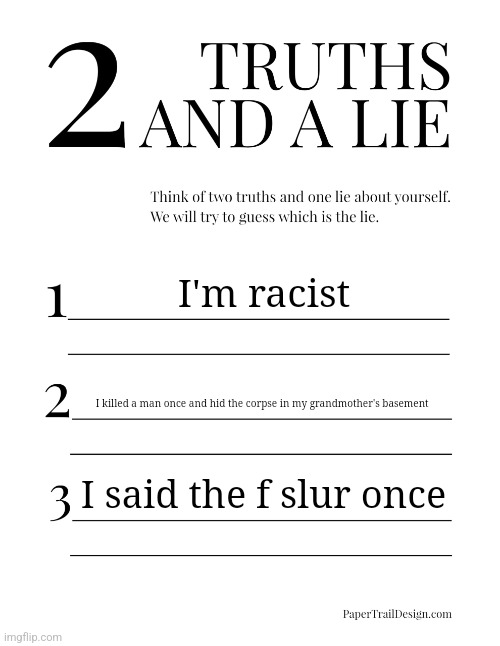 2 Truths and a Lie | I'm racist; I killed a man once and hid the corpse in my grandmother's basement; I said the f slur once | image tagged in 2 truths and a lie | made w/ Imgflip meme maker