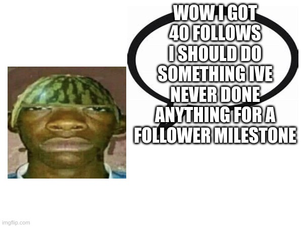 e | WOW I GOT 40 FOLLOWS I SHOULD DO SOMETHING IVE NEVER DONE ANYTHING FOR A FOLLOWER MILESTONE | image tagged in watermelonmans important message | made w/ Imgflip meme maker