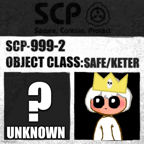 Me if i was a SCP (yes, i f**king love SCP-999, is just so cute) | SAFE/KETER; 999-2; ? UNKNOWN | image tagged in scp label template apollyon | made w/ Imgflip meme maker