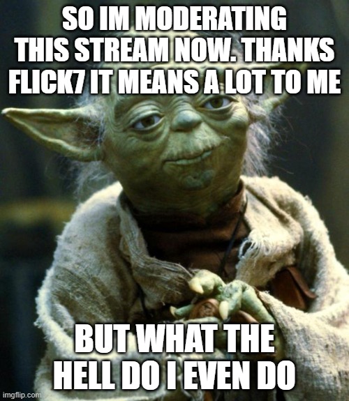 new moderator yey | SO IM MODERATING THIS STREAM NOW. THANKS FLICK7 IT MEANS A LOT TO ME; BUT WHAT THE HELL DO I EVEN DO | image tagged in memes,star wars yoda | made w/ Imgflip meme maker