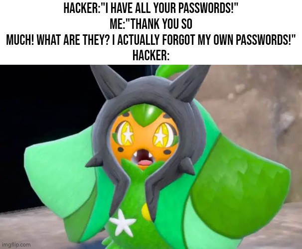 I guess the Hacker didn't see that coming. | Hacker:"I have all your passwords!"
Me:"Thank you so much! What are they? I actually forgot my own passwords!"
Hacker: | image tagged in funny,hacker,password | made w/ Imgflip meme maker