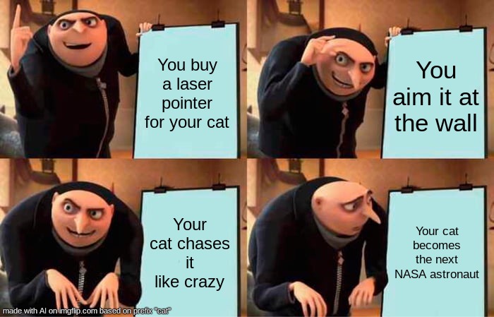 S    P     A    C   E | You buy a laser pointer for your cat; You aim it at the wall; Your cat chases it like crazy; Your cat becomes the next NASA astronaut | image tagged in memes,gru's plan | made w/ Imgflip meme maker