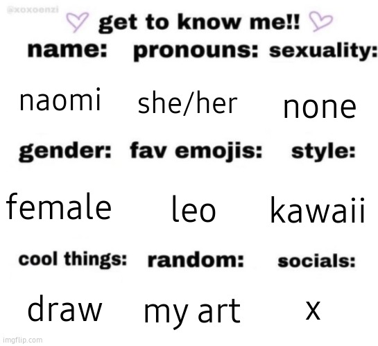 naomis info!! | naomi; she/her; none; leo; kawaii; female; x; my art; draw | image tagged in get to know me but better | made w/ Imgflip meme maker