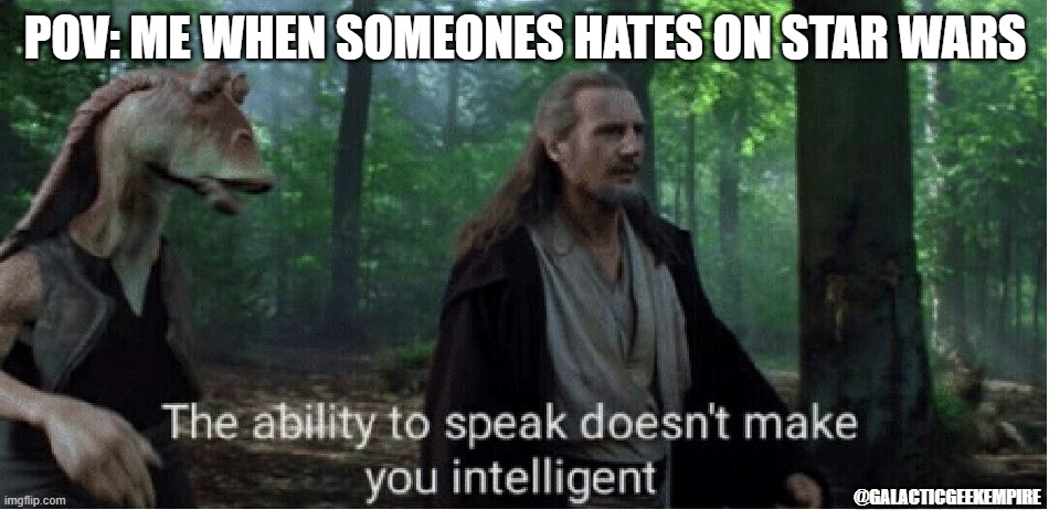 dont hate baby | POV: ME WHEN SOMEONES HATES ON STAR WARS; @GALACTICGEEKEMPIRE | image tagged in star wars prequel qui-gon ability to speak | made w/ Imgflip meme maker