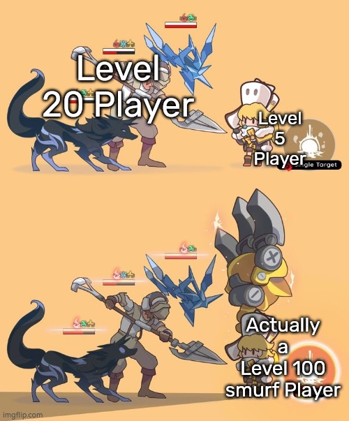 The smurf Players always seems to love to be as "weak Level" Player. | Level 20 Player; Level 5 Player; Actually a Level 100 smurf Player | image tagged in memes,funny,level,smurf | made w/ Imgflip meme maker