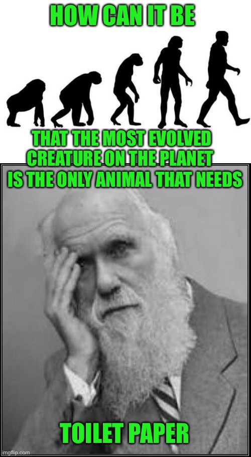 Darwin’s Theory of Evolution cannot explain this phenomenon. | HOW CAN IT BE; THAT THE MOST EVOLVED CREATURE ON THE PLANET; IS THE ONLY ANIMAL THAT NEEDS; TOILET PAPER | image tagged in human evolution,darwin facepalm,most evolved,only species,toilet paper | made w/ Imgflip meme maker