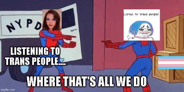 Spider Man Double | LISTENING TO TRANS PEOPLE.... WHERE THAT'S ALL WE DO | image tagged in spider man double | made w/ Imgflip meme maker