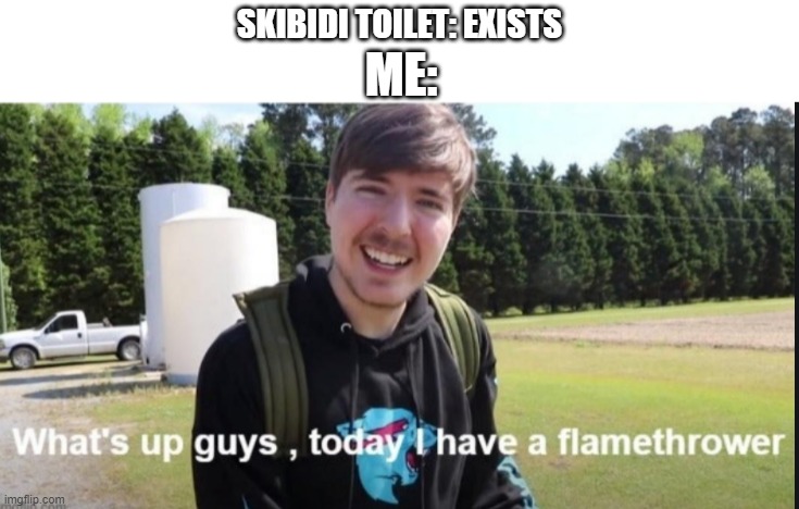 What's up guys, today I have a flamethrower | ME:; SKIBIDI TOILET: EXISTS | image tagged in what's up guys today i have a flamethrower | made w/ Imgflip meme maker