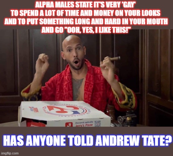 According to alpha males, Andrew Tate is very gay | ALPHA MALES STATE IT'S VERY 'GAY' 
TO SPEND A LOT OF TIME AND MONEY ON YOUR LOOKS 
AND TO PUT SOMETHING LONG AND HARD IN YOUR MOUTH
AND GO "OOH, YES, I LIKE THIS!"; HAS ANYONE TOLD ANDREW TATE? | image tagged in gay,andrew tate,feminine,alpha male,stupid people | made w/ Imgflip meme maker
